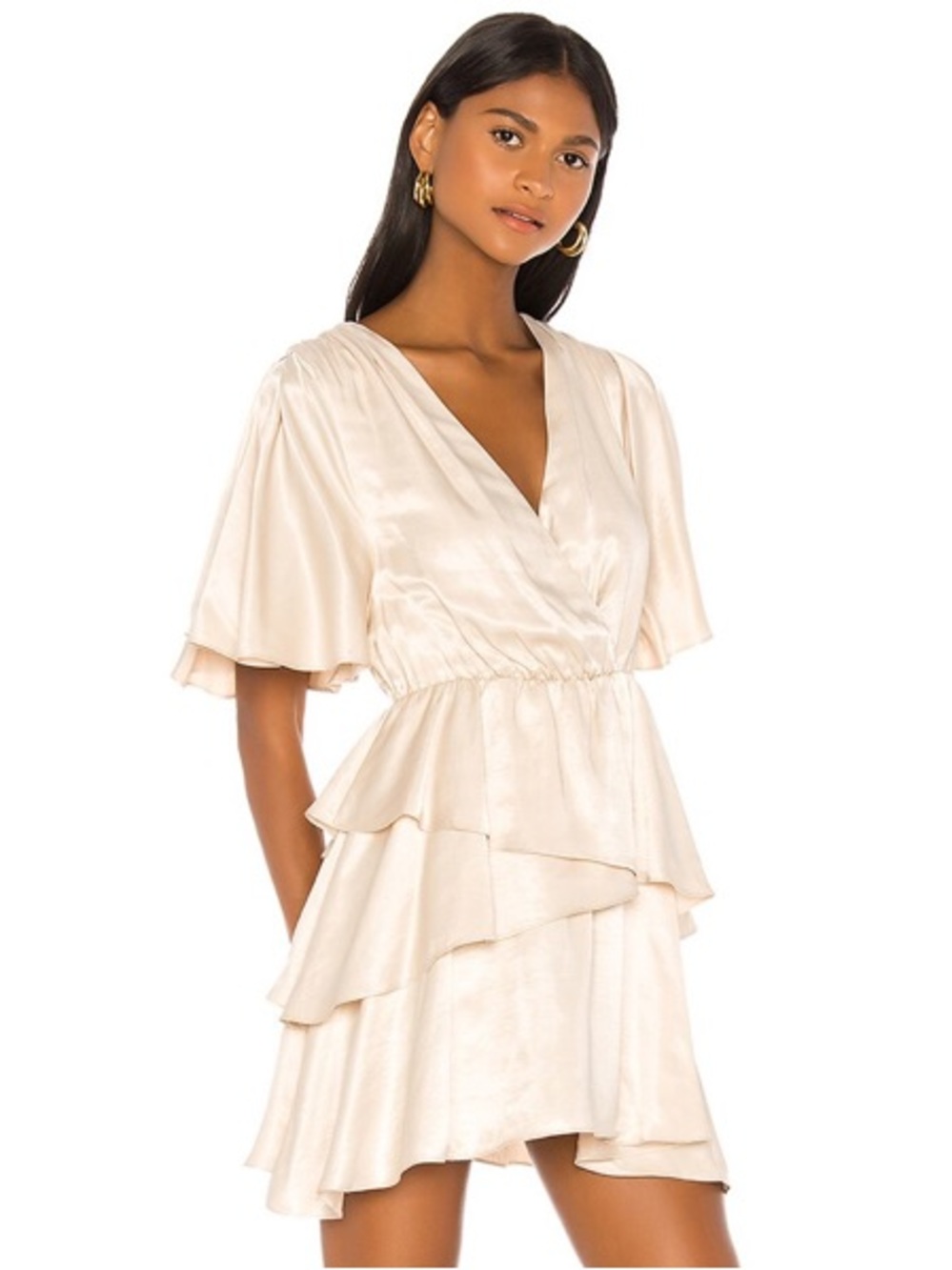 Lovers + Friends Byron Champagne Shimmer Ruffle Tiered Mini Dress XS